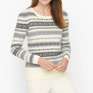 Talbots Size L Puff Sleeve Fair Isle Crewneck  Sweater Gray Pearl Detail Collar